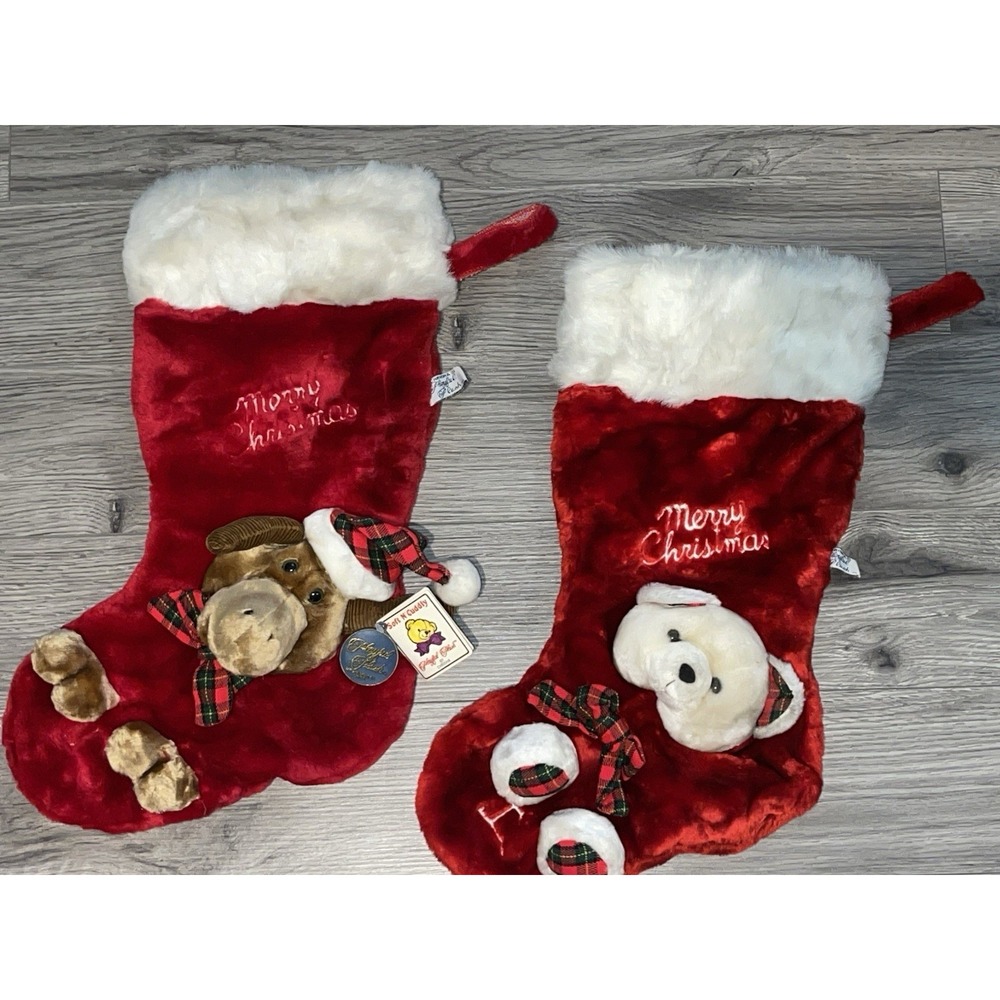 Vintage 1988 Chrisha Playful Plush‎ Reindeer & Teddy Bear 3D Christmas Stocking